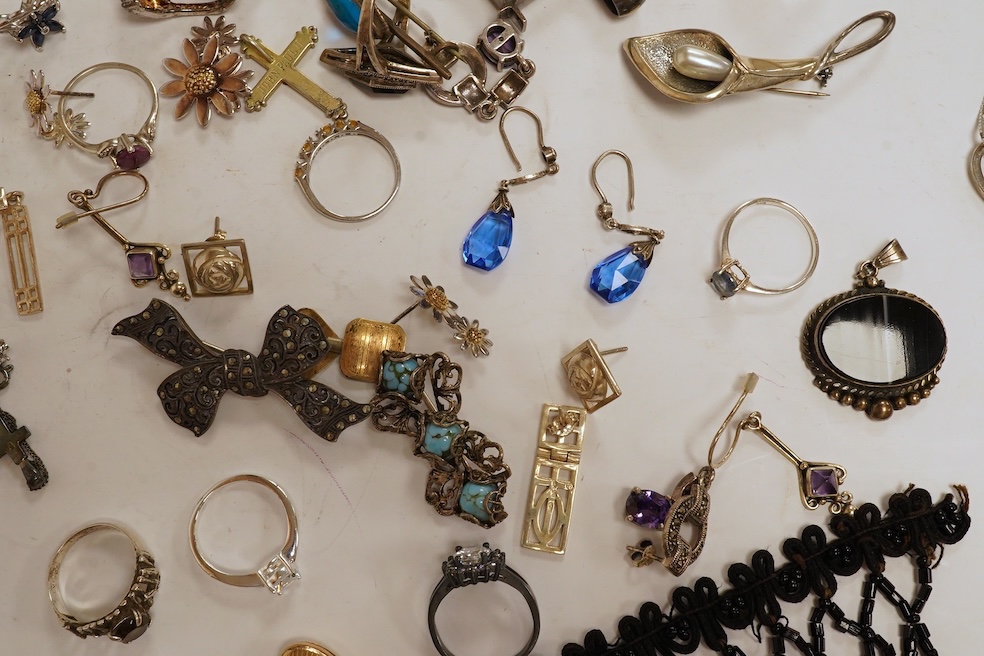 A mixed collection of silver, jewellery and other items including a Norwegian sterling and enamel butterfly brooch, width 61mm, a set of late Victorian shell salts, 925 pendants and rings, brooches, mother of pearl card